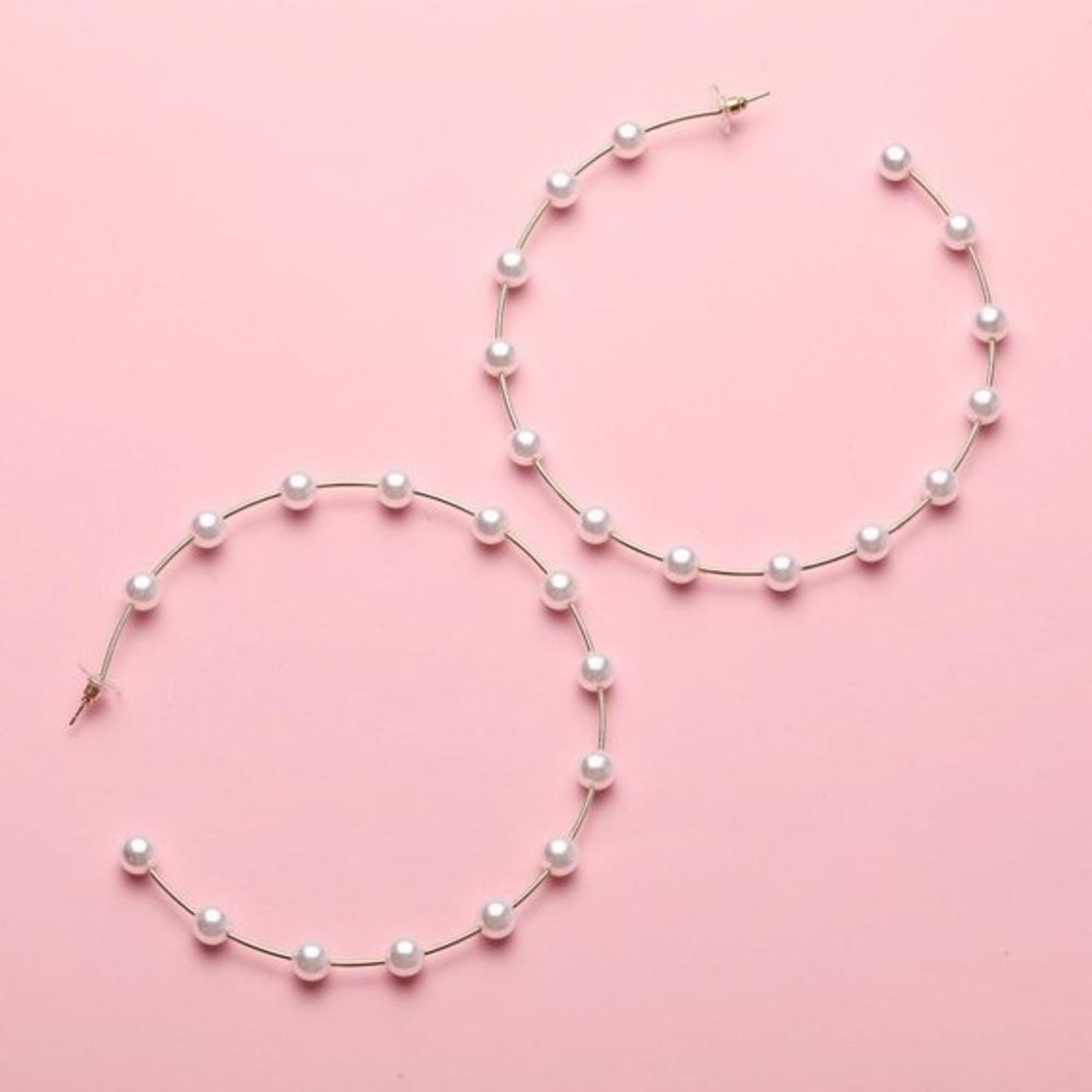 Gold Pearl Hoop Statement Earrings